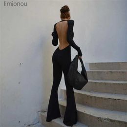 Women's Jumpsuits Rompers Women Sexy Backless Hollow Out Slim Flare Jumpsuit Spring 2024 Solid Black Fashion Hipster Spicy Girl Rompers Streetwear OutfitsL240111