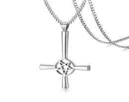 Large Silver Inverted Cross Occult Pentagram Necklace in Stainless Steel Satanic Gothic Satan Jewelry8485691