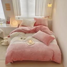 Gradient Pink Short Plush Soft Duvet Cover Set Queen King 4Pcs Bedding Set Velvet Fleece Comforter Cover Bed Sheet Pillowcases 240111