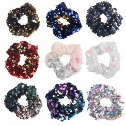 Women Girls reversible Shiny Sequin Scrunchies Glitter Hair Ties Ponytail Holders Rope Dance scrunchy Elastic Hair Bands Accessories ZZ