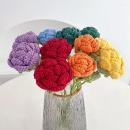 Decorative Flowers Finished Knitting Flower Red Rose Fake Bouquet Wedding Decoration Hand-woven Home Table Decor Artificial