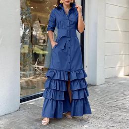 Casual Dresses Oversized Elegant Shirt Dress Autumn Women Party Maxi Long Sleeve Solid Lapel Button Belt Ruffled Vestidos