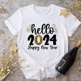 Hello 2024 Print Women T-shirt Happy New Year Party Female Outfit Tops Winter Holiday Short Sleeve T Shirts Girls Casual Clothes