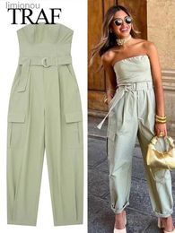 Women's Jumpsuits Rompers TRAF 2023 New Women Fashion Y2K Jumpsuit Solid Green With Belt Sleeveless Green Cargo Pants Loose Chic Female Clothing StreetL240111