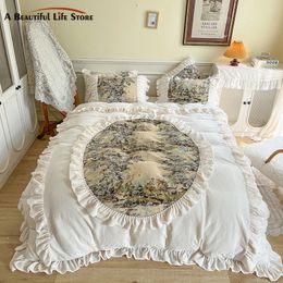 Soft Winter Double Sided cozy Velvet Fleece Vintage French Manor Bedding Set Ruffles Pleat Duvet Cover Bed Sheet Pillowcase 240112