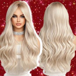 Emmor Ombre Black to Light Blonde Hair Wig Synthetic Long Wavy Wigs with Bangs for Women Cosplay Natural High Temperature Fibre 240111