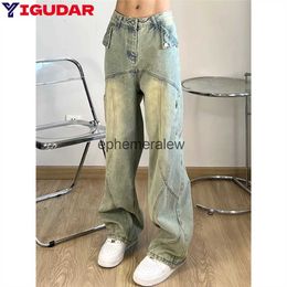 Men's Jeans Vintage Split Wide Jeans for Men Yellow Mud Dyed Washed Distressed Wide Leg Jeans Denim Pant y2k baggy jeans cargo pants menephemeralew