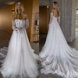 Line Boho A Dresses Bone Bodice Illusion Strapless Dress Sweep Train Appliques Tulle Designer Wedding Bridal Gowns ppliques