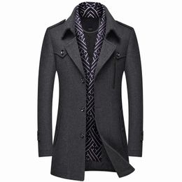 2024 Winter Men Wool s Fashion Middle Long Scarf Collar Cotton-Padded Thick Warm Woolen Male Trench Coat Overcoat M-6Xl 240111