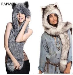 BeanieSkull Caps Winter Hats For Women Faux Fur Hood Animal Hat Ear Flaps Hand Pockets 3in1 Wolf Plush Warm Cap With Glove15114976