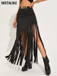 Skirts InstaLike Gothic Mesh Tassel Midi Skirt Korean Chic Harajuku Sexy Women Punk Cyber Autumn 2024 Elf Girl Dress High Street