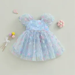 Girl Dresses 1-6Y Kids Girls Princess Dress Baby Mesh Puff Sleeve Square Neck Flower/Butterfly Tulle A-line Children Summer Clothing