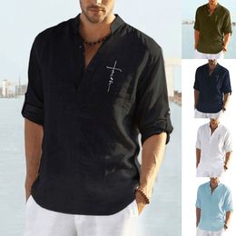 Men's Large Size Long-sleeved Half-neck Shirt Loose Cotton Linen Shirt