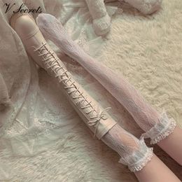 Sexy Japanese Style Stockings Lolita Bowknot Fishnet Knee Socks AntiSnagging Women Hollow Lace Stocking Fish Net Pantyhose 240111