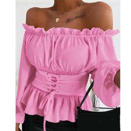 Women's T Shirts Sexy Off Shoulder Bandage T-shirt Fashion Lace Up Front Ruffles Female Casual Blouse Summer Tops Spring Blouses