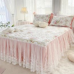 100% Cotton Elegant White Lace Ruffles Quilted Floral Pattern Bed Skirt Mattress Cover Bedspread Pillowcase Princess Bedding Set 240112