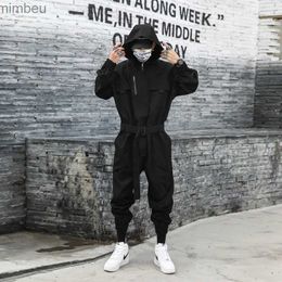 Men's Jeans Autumn men's hooded Jumpsuit dark functional style youth pants trendy hairstylist youth work suitL240111