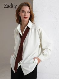 Zadily Spring Minimalist Long Sleeve Button Up Shirt Women Korean Style Solid Tie Oversize Shirts Blouse Loose Clothes Tops 240112