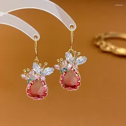 Dangle Earrings Pink Zircon Butterfly French Literary Temperament Ear Hooks Fashion Creative Trend 2024 Ladies