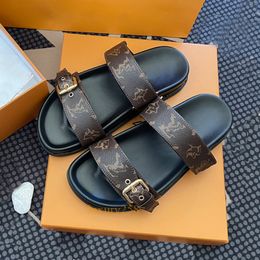 Designer women slippers genuine leather sandals flat mules effortlessly stylish slides 2 straps with adjusted gold buckles luxury summer platform slipper