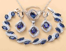 925 Sterling Silver Wedding Accessorie Bridal Jewellery Sets With Natural Stone CZ Blue Bracelet And Ring Sets 2201134779125