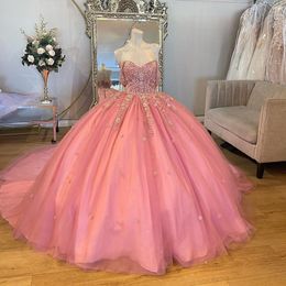 Luxury Pink Quinceanera Dress Ball Gowns Appliques Crystal Sequined Corset Birthday Party Prom Dresses Vestido De 15 Custom