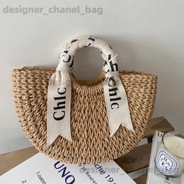 Totes Summer beach bagLetter silk scarf hand-held str bag wild semi-circle woven women's bag rattan bag women's beach vacation T240112