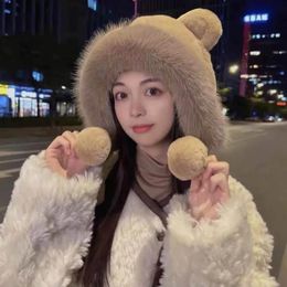 Cute Bear Ears Earflap Hat Women Winter Warm Plush Skullies Beanie Cap Girls Party Cosplay Outdoor Windproof Bomber 240111