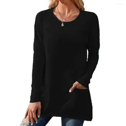 Women's Blouses Women Loose Fit Top Soft Breathable Mid Length T-shirt With Pocket Long Sleeve Round Neck For Spring Fall Wear