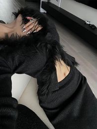 Deeptown Sexy Gothic Knitted Cardigan with Fur Women Black Cropped Sweaters Y2k Elegant Korean Streetwear Grunge V-neck Tops 240111