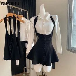 DUOJIHUI Two Piece Sexy Chic Halter Female Dresses Basic Polo Neck Fashion Button Shirt Slim Simple Aline XSL Women Dress 240111