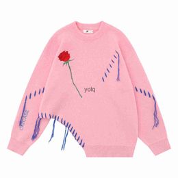 Men's Hoodies Sweatshirts Harajuku Rose Embroidery Suture Knitted Sweaters Pullovers Rope Weaving Relaxed Cropped Sweaters Ovesize Warm Knitwear 2023yolq