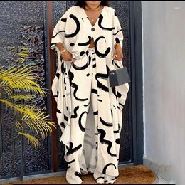 Women's Two Piece Pants Suit 2024 Spring Split End Shirt Long Trousers Women African Slit Robe Casual Loose Bat Sleeve Matching Sets