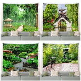 Chinese Garden Landscape Tapestry Spring Green Bamboo Arch Bridge Nature Scenery Wall Hanging Home Living Room Bedroom Decor Mat 240111