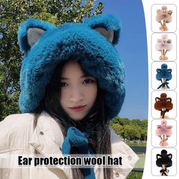 Women Winter Plush Warm Ear Protection Hat Faux Fur Bucket Thicken Wool Knitted Kawaii Sweet Cute Cat Cap 240111