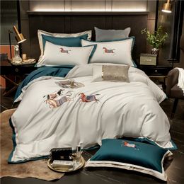 Luxury BlueWhite 600TC Egyptian Cotton Horse Embroidery Bedding Set Double Duvet Cover Bed Sheet Pillowcases Home Textiles 240112