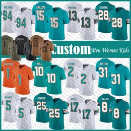 カスタム10タイリークヒル1 Tua TagovailoaフットボールジャージーデボンアキネJaylen Waddle Jalen Ramsey Raheem Mostert Braxton Berrios Jevon Holland Bradley Chubb Dan Marino