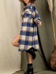 Women s Vintage Plaid Oversized Coat with Lapel Long Sleeve Woolen Outwear Jacket for Casual and Chic Look 240111