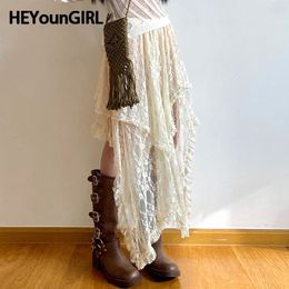 HEYounGIRL Lace Asymmetrical Skirt Fairycore Holiday Women Y2K Clothes High Waist Fashion Cute Mid Skirts Vintage Aesthetic Lady 240112