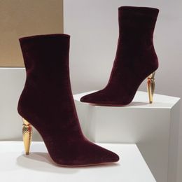 Brand de designer de primavera e inverno Botas femininas sapatos de cabelo saltos de vestido de noiva de 10 cm Fábrica de sapatos de dança de tornozelo com caixa de tamanho grande