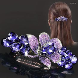 Hair Clips Purple Crystal Flower Spring Clip Luxury Rhinestone Top Horizontal Elegant Mother Fashion Accessories