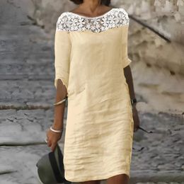 Casual Dresses Elegant Boho Knee Length Midi Dress Women Mid Sleeve Lace Neck Sexy Vacation Beach Sundress Lady Vestidos Ropa