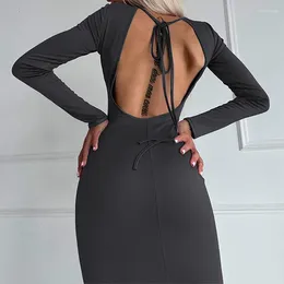 Casual Dresses OMSJ Solid Long Sleeve Fall For Woman Clothes Elegant Sexy Backless Lace Up Black Maxi Birthday Party Skinny Vestidos