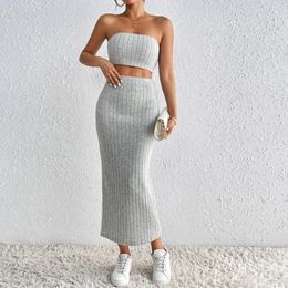 Work Dresses DSMTRC Woman Sexy Light Grey Knitted Sleeveless Strapless Long Split Skirt Solid Basic Two Piece Tracksuit Fashion Outfit