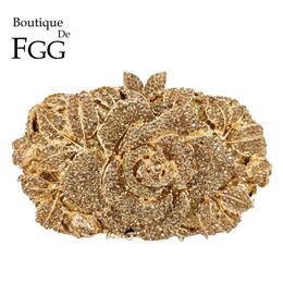 Boutique De FGG Women Gold Flower Clutch Evening Minaudiere Bags Bridal Wedding Handbags Formal Party s Floral Purses 240111