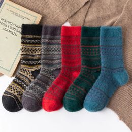 5 Pairs Autumn Winter Sable Velvet Small Triangle Pinstripe Vintage Men Wool Socks Thickened Ethnic Casual 240112