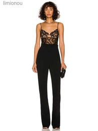 Women's Jumpsuits Rompers Sexy Spaghetti Strap Hollow Lace Bandage Bodycon Jumpsuit Elegant Black Lace Patchwork Bandage Jumpsuit Celebrity Club PartyL240111