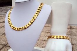 Heavy Stamp 24k Yellow Real Solid Gold GF Men039s Bracelet necklace Cuban Chain Set Birthday 12MM wider Jewellery SETS SHIPP2840084