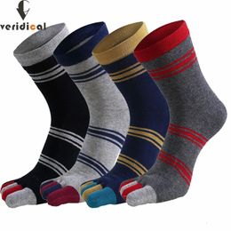 5 Pairs Man Short Toe Socks Pure Cotton Striped Business Vintage SweatAbsorbing Soft Elastic Party Dress Finger Sokken 240112