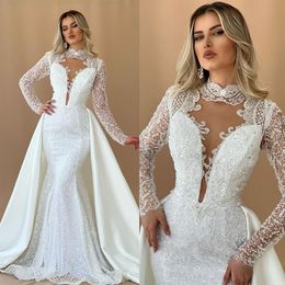 Glamorous Mermaid Wedding Dresses Detachable Train Sequined High Collar Bridal Gowns Beaded Long Sleeves Bride Dresses Custom Made